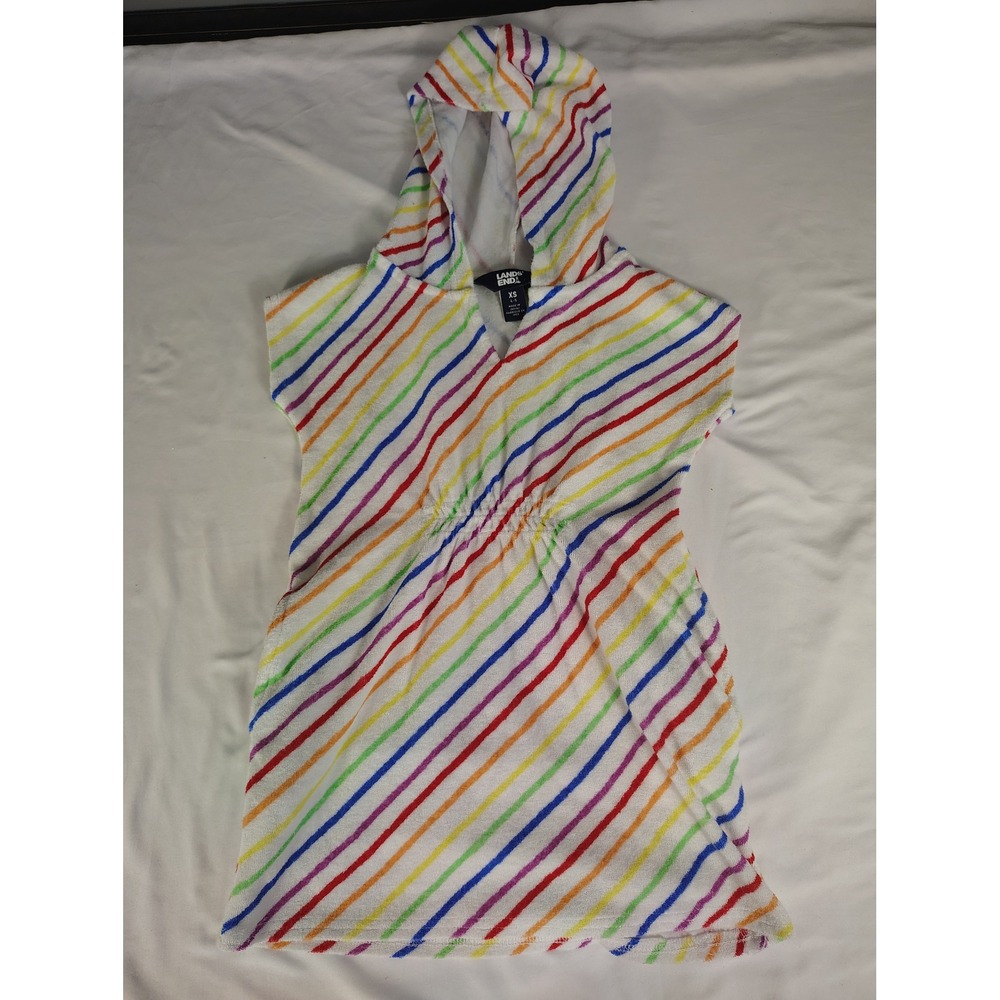 Lands End Girls XS 4-5 Rainbow Stripe Terry Cloth Hooded Swim Cover‎ Up Dress